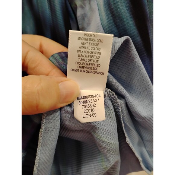 World Unity Top Blue Blouse SZ 1X Watercolor Rhinestone Artsy Boho Hippie Hi-Lo - Picture 7 of 8